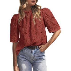 PRETTYGARDEN Summer Tops for Women 2026 Short Sleeve Embroidered Eyelet Shirts Dressy Casual Blouses Spring Fashion Clothes(Brown Red)