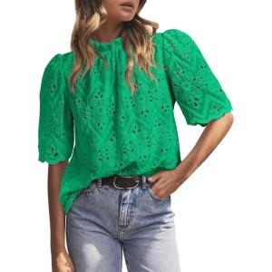 PRETTYGARDEN Summer Tops for Women 2026 Short Sleeve Embroidered Eyelet Shirts Dressy Casual Blouses Spring Fashion Clothes(Green)