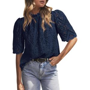 PRETTYGARDEN Summer Tops for Women 2026 Short Sleeve Embroidered Eyelet Shirts Dressy Casual Blouses Spring Fashion Clothes(Navy)