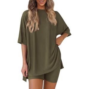 PRETTYGARDEN Women 2 Piece Lounge Set 2026 Summer Casual Oversized Shirts Biker Shorts Matching Airport Travel Outfit Clothes(Army Green)