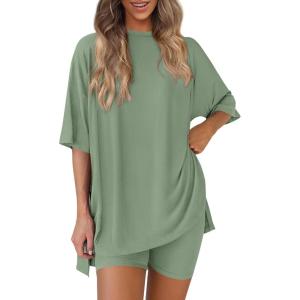 PRETTYGARDEN Women 2 Piece Lounge Set 2026 Summer Casual Oversized Shirts Biker Shorts Matching Airport Travel Outfit Clothes(Bean Green)