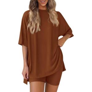 PRETTYGARDEN Women 2 Piece Lounge Set 2026 Summer Casual Oversized Shirts Biker Shorts Matching Airport Travel Outfit Clothes(Brown)