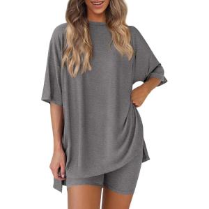 PRETTYGARDEN Women 2 Piece Lounge Set 2026 Summer Casual Oversized Shirts Biker Shorts Matching Airport Travel Outfit Clothes(Dark Grey)