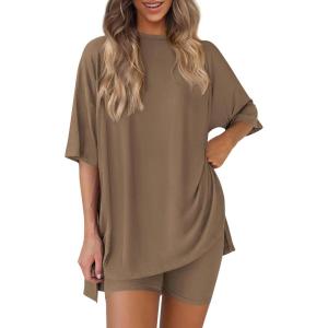 PRETTYGARDEN Women 2 Piece Lounge Set 2026 Summer Casual Oversized Shirts Biker Shorts Matching Airport Travel Outfit Clothes(Dark Khaki)