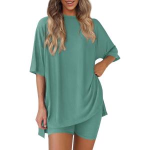 PRETTYGARDEN Women 2 Piece Lounge Set 2026 Summer Casual Oversized Shirts Biker Shorts Matching Airport Travel Outfit Clothes(Fruit Green)