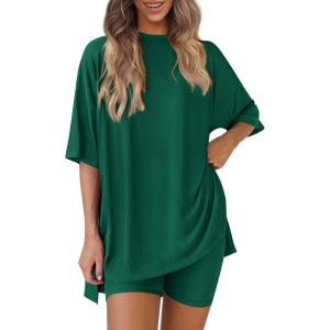 PRETTYGARDEN Women 2 Piece Lounge Set 2026 Summer Casual Oversized Shirts Biker Shorts Matching Airport Travel Outfit Clothes(Green)
