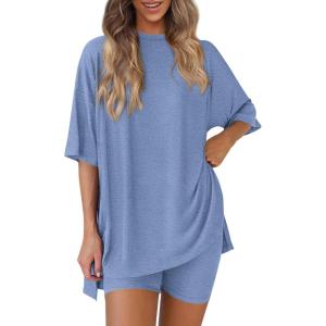 PRETTYGARDEN Women 2 Piece Lounge Set 2026 Summer Casual Oversized Shirts Biker Shorts Matching Airport Travel Outfit Clothes(Grey Blue)