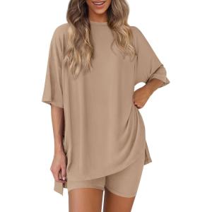 PRETTYGARDEN Women 2 Piece Lounge Set 2026 Summer Casual Oversized Shirts Biker Shorts Matching Airport Travel Outfit Clothes(Khaki)