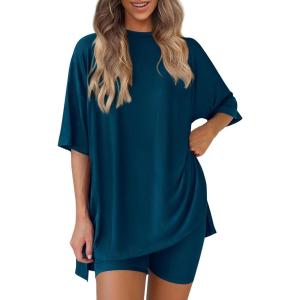 PRETTYGARDEN Women 2 Piece Lounge Set 2026 Summer Casual Oversized Shirts Biker Shorts Matching Airport Travel Outfit Clothes(Lake Blue)
