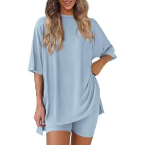 PRETTYGARDEN Women 2 Piece Lounge Set 2026 Summer Casual Oversized Shirts Biker Shorts Matching Airport Travel Outfit Clothes(Light Blue)