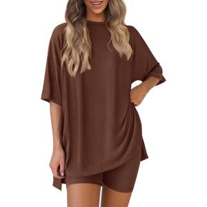 PRETTYGARDEN Women 2 Piece Lounge Set 2026 Summer Casual Oversized Shirts Biker Shorts Matching Airport Travel Outfit Clothes(Light Coffee)