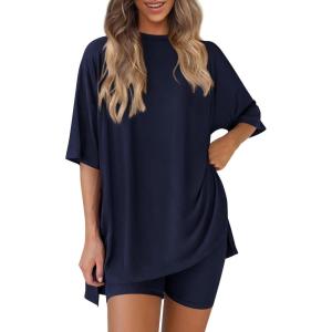 PRETTYGARDEN Women 2 Piece Lounge Set 2026 Summer Casual Oversized Shirts Biker Shorts Matching Airport Travel Outfit Clothes(Navy)
