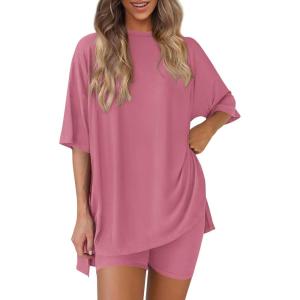 PRETTYGARDEN Women 2 Piece Lounge Set 2026 Summer Casual Oversized Shirts Biker Shorts Matching Airport Travel Outfit Clothes(Pink)