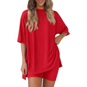 PRETTYGARDEN Women 2 Piece Lounge Set 2026 Summer Casual Oversized Shirts Biker Shorts Matching Airport Travel Outfit Clothes(Red)