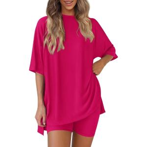 PRETTYGARDEN Women 2 Piece Lounge Set 2026 Summer Casual Oversized Shirts Biker Shorts Matching Airport Travel Outfit Clothes(Rose Red)
