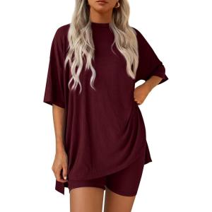 PRETTYGARDEN Women 2 Piece Lounge Set 2026 Summer Casual Oversized Shirts Biker Shorts Matching Airport Travel Outfit Clothes(Wine Red)