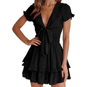 PRETTYGARDEN Women Summer Short Dress 2026 Casual V Neck Short Sleeve Tiered Bow Mini Sun Dresses Beach Vacation Sundress(Black)
