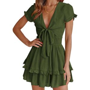 PRETTYGARDEN Women Summer Short Dress 2026 Casual V Neck Short Sleeve Tiered Bow Mini Sun Dresses Beach Vacation Sundress(Olive Green)
