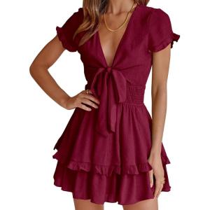 PRETTYGARDEN Women Summer Short Dress 2026 Casual V Neck Short Sleeve Tiered Bow Mini Sun Dresses Beach Vacation Sundress(Wine Red)