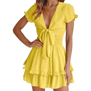PRETTYGARDEN Women Summer Short Dress 2026 Casual V Neck Short Sleeve Tiered Bow Mini Sun Dresses Beach Vacation Sundress(Yellow)