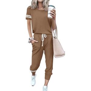 PRETTYGARDEN Women Summer Two Piece Outfits Striped Short Sleeve Pullover and Long Pants Tracksuit Travel Pajama Lounge Set(Brown)