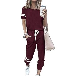 PRETTYGARDEN Women Summer Two Piece Outfits Striped Short Sleeve Pullover and Long Pants Tracksuit Travel Pajama Lounge Set(Burgundy)