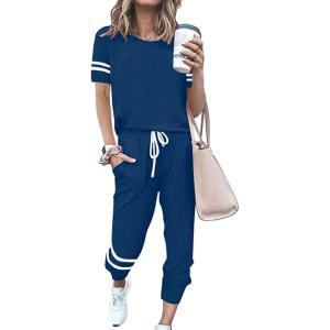 PRETTYGARDEN Women Summer Two Piece Outfits Striped Short Sleeve Pullover and Long Pants Tracksuit Travel Pajama Lounge Set(Dark Blue)