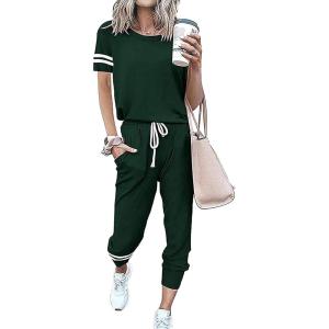 PRETTYGARDEN Women Summer Two Piece Outfits Striped Short Sleeve Pullover and Long Pants Tracksuit Travel Pajama Lounge Set(Dark Green)