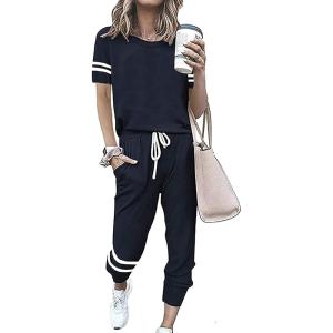 PRETTYGARDEN Women Summer Two Piece Outfits Striped Short Sleeve Pullover and Long Pants Tracksuit Travel Pajama Lounge Set(Navy)