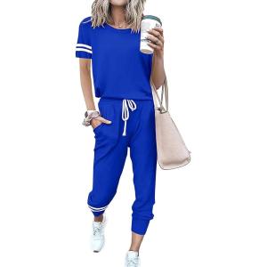 PRETTYGARDEN Women Summer Two Piece Outfits Striped Short Sleeve Pullover and Long Pants Tracksuit Travel Pajama Lounge Set(Royal Blue)