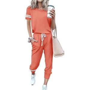 PRETTYGARDEN Women Summer Two Piece Outfits Striped Short Sleeve Pullover and Long Pants Tracksuit Travel Pajama Lounge Set(Shrimp Pink)