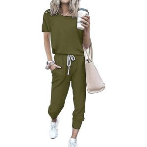 PRETTYGARDEN Women Summer Two Piece Outfits Striped Short Sleeve Pullover and Long Pants Tracksuit Travel Pajama Lounge Set(Solid Army Green)
