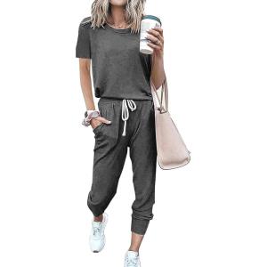 PRETTYGARDEN Women Summer Two Piece Outfits Striped Short Sleeve Pullover and Long Pants Tracksuit Travel Pajama Lounge Set(Solid Dark Grey)