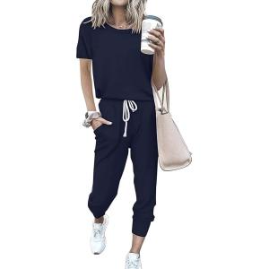 PRETTYGARDEN Women Summer Two Piece Outfits Striped Short Sleeve Pullover and Long Pants Tracksuit Travel Pajama Lounge Set(Solid Navy)