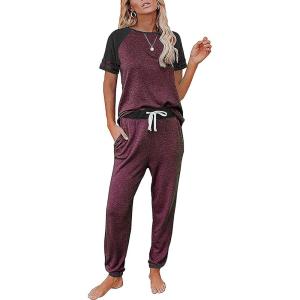 PRETTYGARDEN Women Summer Two Piece Outfits Striped Short Sleeve Pullover and Long Pants Tracksuit Travel Pajama Lounge Set(Z-burgundy)