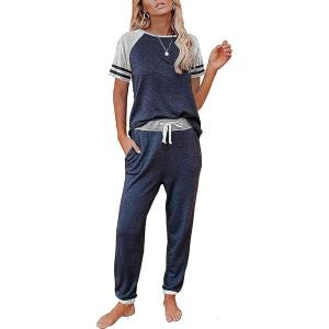 PRETTYGARDEN Women Summer Two Piece Outfits Striped Short Sleeve Pullover and Long Pants Tracksuit Travel Pajama Lounge Set(Z-dark Blue)