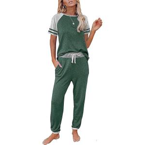 PRETTYGARDEN Women Summer Two Piece Outfits Striped Short Sleeve Pullover and Long Pants Tracksuit Travel Pajama Lounge Set(Z-dark Green)