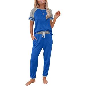 PRETTYGARDEN Women Summer Two Piece Outfits Striped Short Sleeve Pullover and Long Pants Tracksuit Travel Pajama Lounge Set(Z-grey Blue)