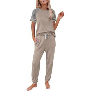 PRETTYGARDEN Women Summer Two Piece Outfits Striped Short Sleeve Pullover and Long Pants Tracksuit Travel Pajama Lounge Set(Z-khaki)