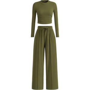 PRETTYGARDEN Women’s 2 Piece Sets 2026 Fall Long Sleeve Crop Tops Wide Leg Pants Matching Outfit Tracksuits Spring Clothes(Army Green)