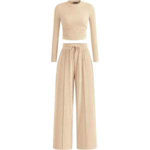 PRETTYGARDEN Women’s 2 Piece Sets 2026 Fall Long Sleeve Crop Tops Wide Leg Pants Matching Outfit Tracksuits Spring Clothes(Beige)