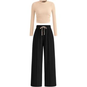 PRETTYGARDEN Women’s 2 Piece Sets 2026 Fall Long Sleeve Crop Tops Wide Leg Pants Matching Outfit Tracksuits Spring Clothes(Beige Black)