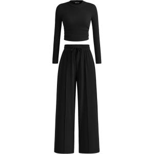 PRETTYGARDEN Women’s 2 Piece Sets 2026 Fall Long Sleeve Crop Tops Wide Leg Pants Matching Outfit Tracksuits Spring Clothes(Black)