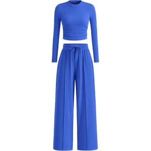 PRETTYGARDEN Women’s 2 Piece Sets 2026 Fall Long Sleeve Crop Tops Wide Leg Pants Matching Outfit Tracksuits Spring Clothes(Blue)