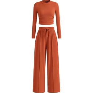PRETTYGARDEN Women’s 2 Piece Sets 2026 Fall Long Sleeve Crop Tops Wide Leg Pants Matching Outfit Tracksuits Spring Clothes(Brick Red)