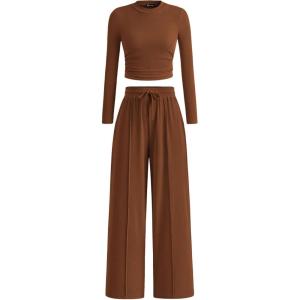 PRETTYGARDEN Women’s 2 Piece Sets 2026 Fall Long Sleeve Crop Tops Wide Leg Pants Matching Outfit Tracksuits Spring Clothes(Brown)