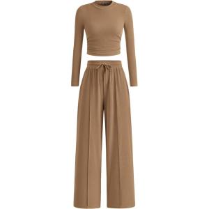 PRETTYGARDEN Women’s 2 Piece Sets 2026 Fall Long Sleeve Crop Tops Wide Leg Pants Matching Outfit Tracksuits Spring Clothes(Camel)