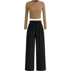 PRETTYGARDEN Women’s 2 Piece Sets 2026 Fall Long Sleeve Crop Tops Wide Leg Pants Matching Outfit Tracksuits Spring Clothes(Camel Black)