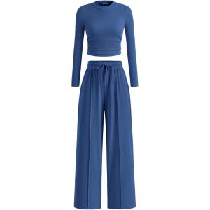 PRETTYGARDEN Women’s 2 Piece Sets 2026 Fall Long Sleeve Crop Tops Wide Leg Pants Matching Outfit Tracksuits Spring Clothes(Dark Blue)