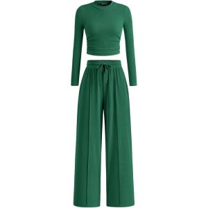 PRETTYGARDEN Women’s 2 Piece Sets 2026 Fall Long Sleeve Crop Tops Wide Leg Pants Matching Outfit Tracksuits Spring Clothes(Green)